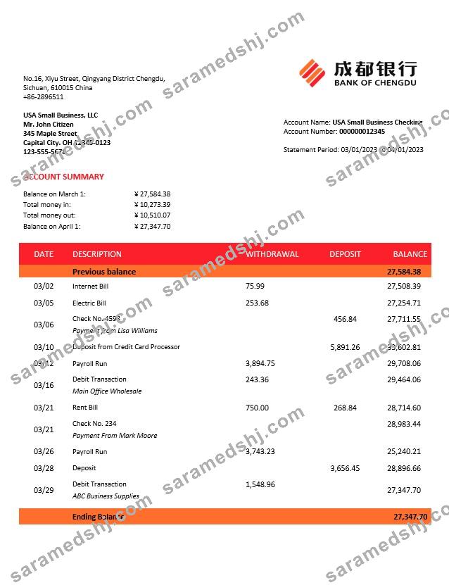 Bank of Chengdu business statement Word and PDF template